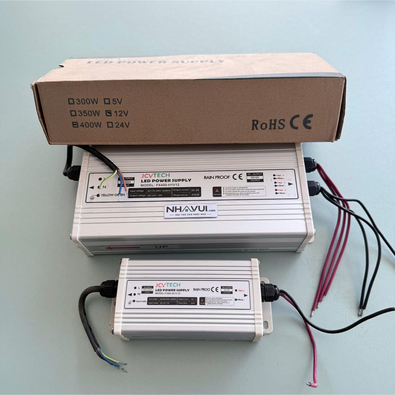Nguồn chống mưa IP63 JCVTECH cho LED dây 12V 60W–400W